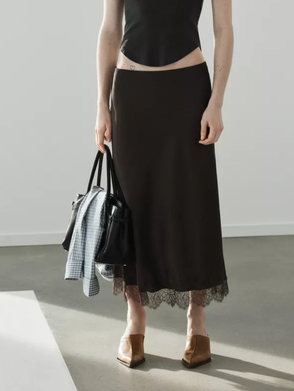 Lace-Hem Slip Skirt in Brown